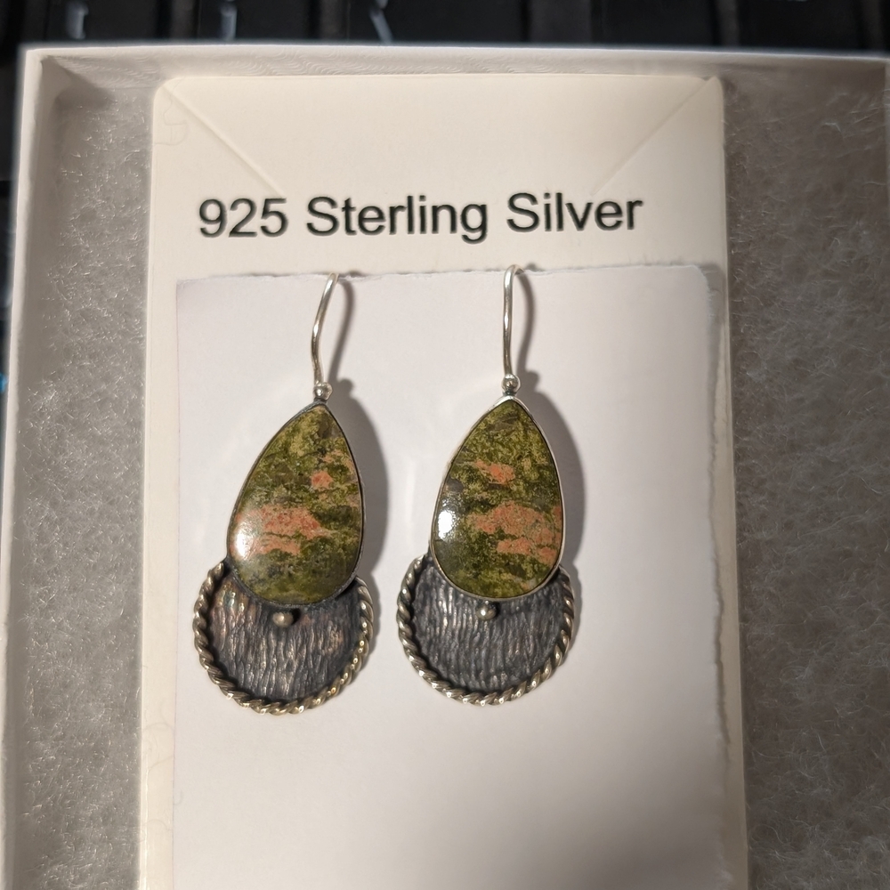 925 Sterling Silver Unakite Artisan Dangle Earrings - Pink & Green Stone